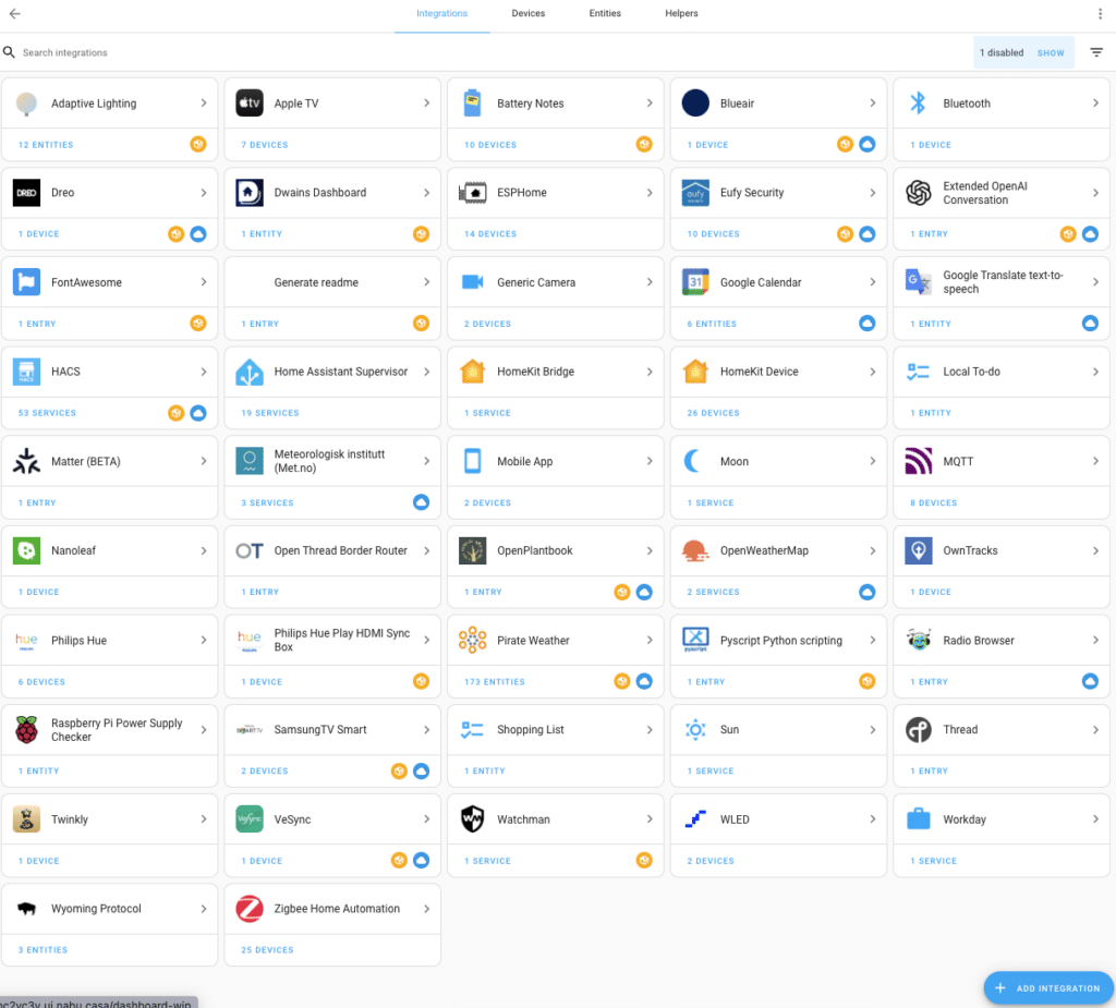 My Home Assistant Integrations listing - these include standard/out of the box as well as custom integrations